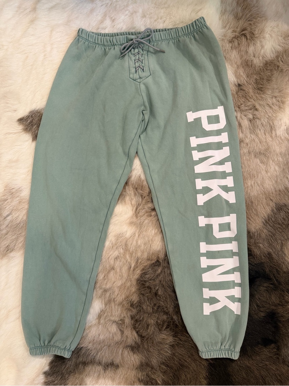 PINK Victoria's Secret Y2K Lace up Sage Green Logo Jogger Sweatpants Small